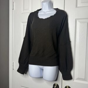 Medium Brown Distressed Raw Edge Knit Sweater Slouchy Boho Drop Shoulder